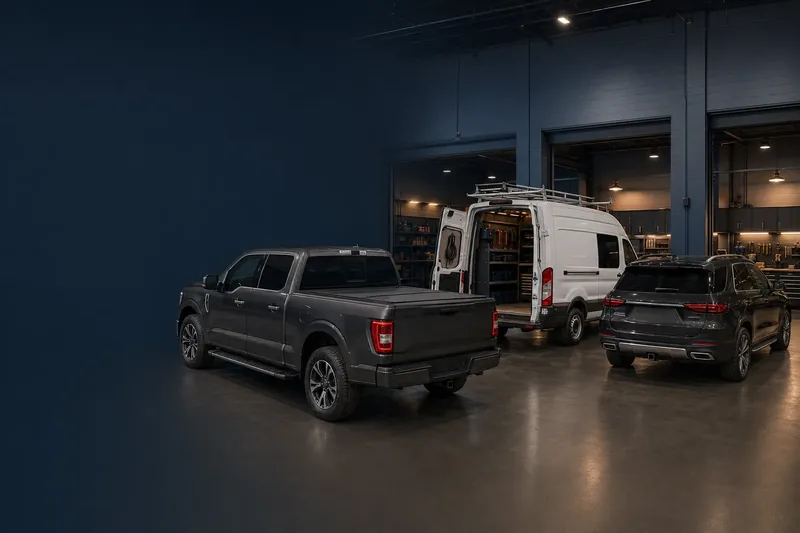 Fleet of dark work trucks and vans lined up in an upfit shop