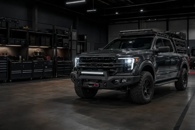 Matte black pickup truck in a dark garage bay