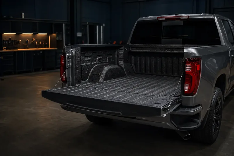 Matte black pickup truck bed coated in textured black spray-on bedliner
