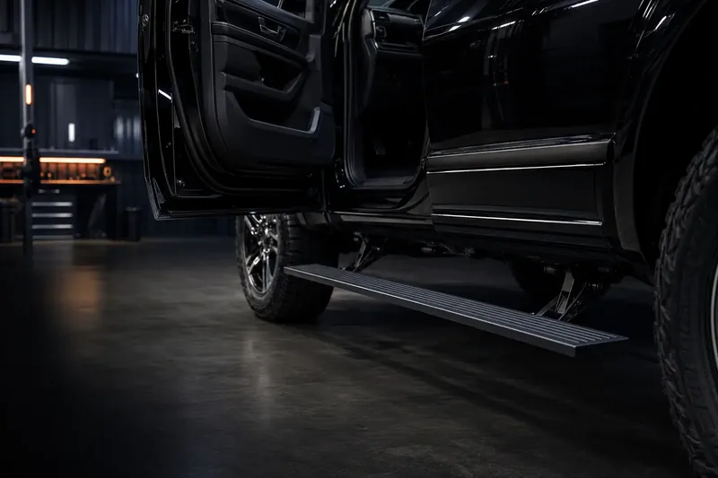 Black running board step mounted below the doors of a dark pickup truck