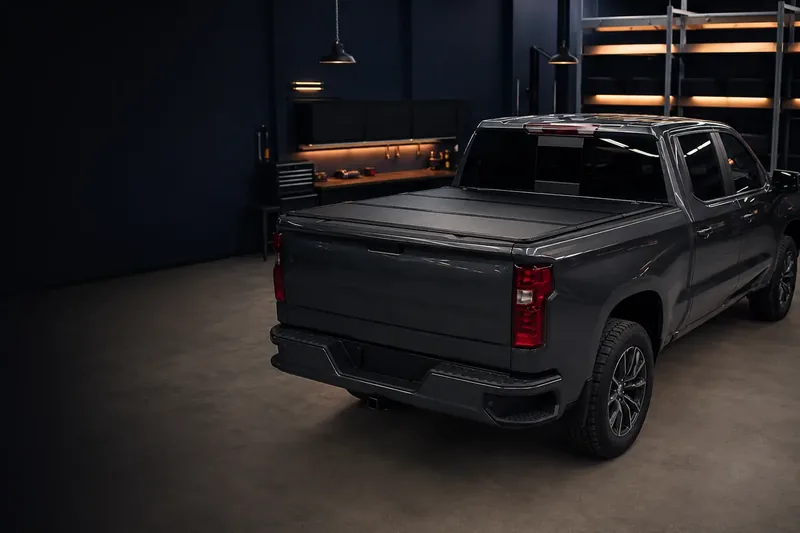 Dark pickup truck with a low-profile hard folding tonneau cover in a dim shop